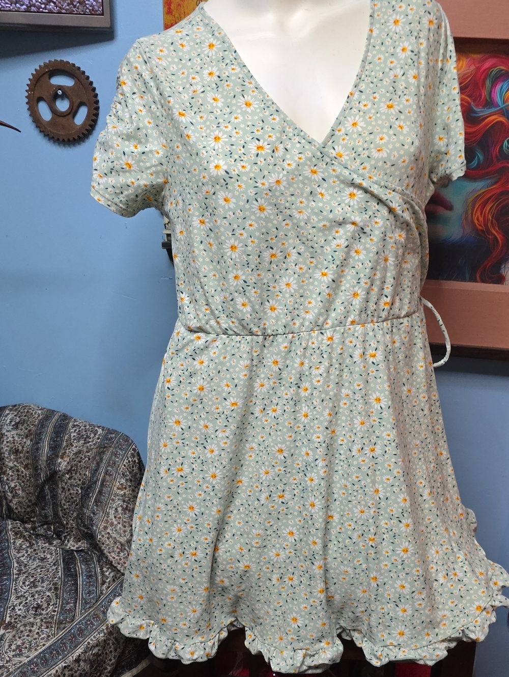 No Boundaries Light Blue Floral Feaux Wrap Mini Dress
